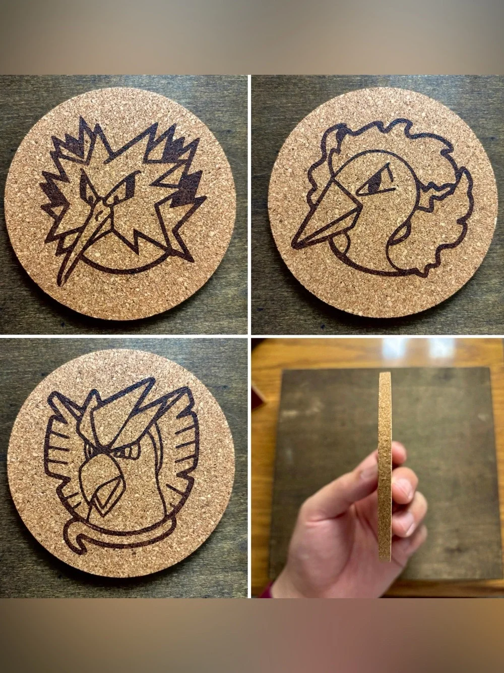 Pokemon Legendary Birds Faces Laser Engraved Cork Coasters Lot of 3